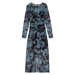 VESTIDO PRINTED MESH O-NECK RUCHED LONG DRESS